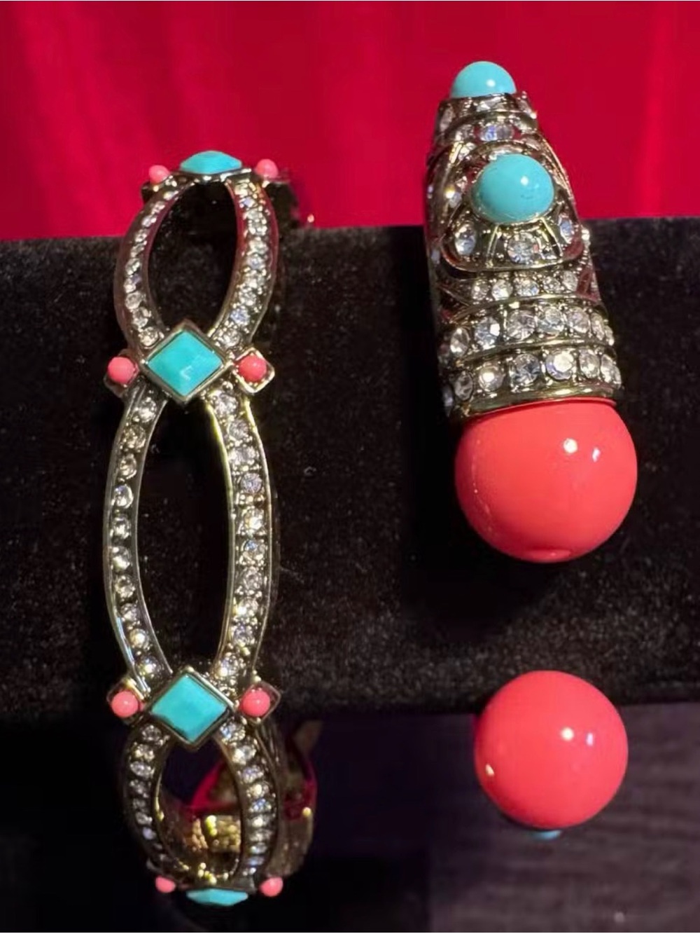 Heidi Daus Turquoise & Coral Crystal Statement Bracelet and Ring Set
